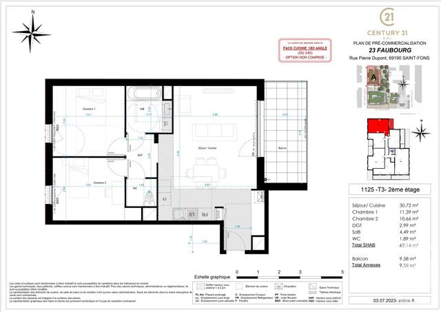 Appartement T3 à vendre - 3 pièces - 62,14 m2 - St Fons - 69 - RHONE-ALPES