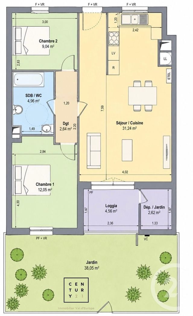 Appartement F3 &agrave; vendre - 3 pi&egrave;ces - 61,71 m2 - Montevrain - 77 - ILE-DE-FRANCE