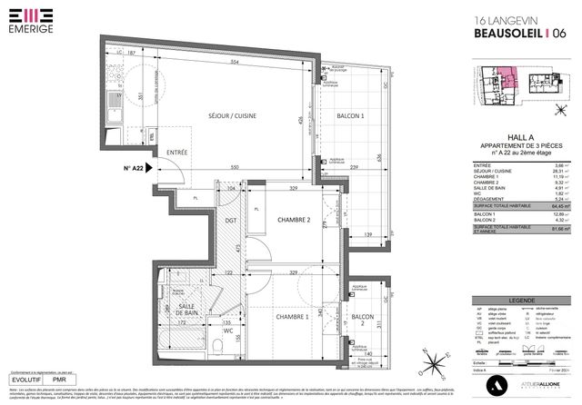 Appartement F3 à vendre - 3 pièces - 64,45 m2 - Beausoleil - 06 - PROVENCE-ALPES-COTE-D-AZUR
