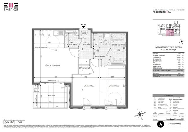 Appartement F3 &agrave; vendre - 3 pi&egrave;ces - 69,28 m2 - Beausoleil - 06 - PROVENCE-ALPES-COTE-D-AZUR