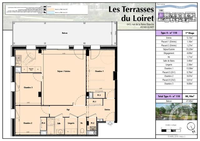 Appartement F5 &agrave; louer - 5 pi&egrave;ces - 86,16 m2 - Olivet - 45 - CENTRE