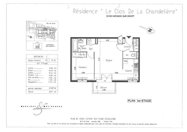 Appartement F2 à vendre - 2 pièces - 42,68 m2 - Gironde Sur Dropt - 33 - AQUITAINE