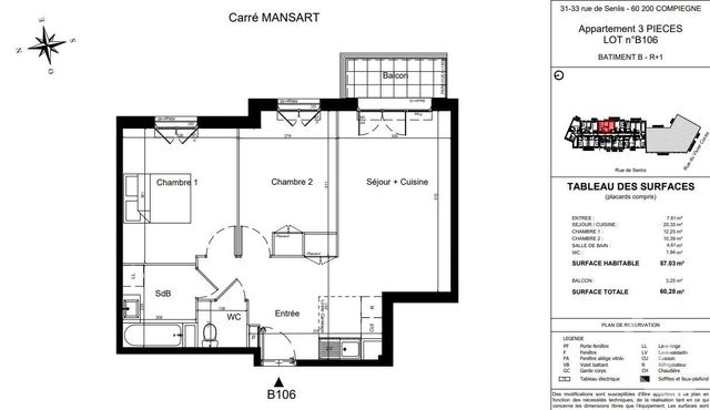 Appartement F3 à vendre - 3 pièces - 57,03 m2 - Compiegne - 60 - PICARDIE