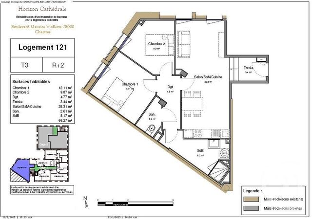 Appartement F3 &agrave; louer - 3 pi&egrave;ces - 66,27 m2 - Chartres - 28 - CENTRE