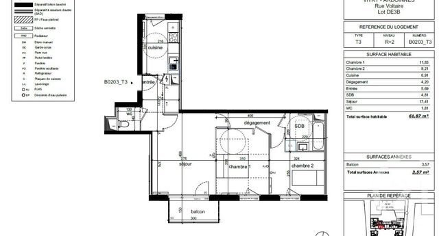 Appartement F3 &agrave; louer - 3 pi&egrave;ces - 61,87 m2 - Vitry Sur Seine - 94 - ILE-DE-FRANCE