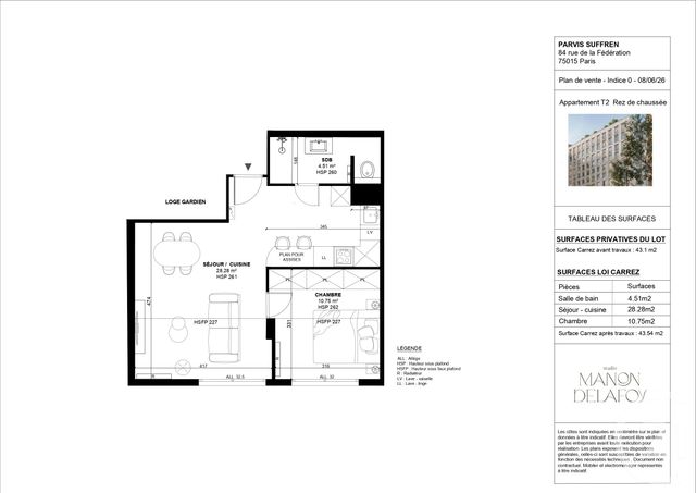 Appartement F2 &agrave; vendre - 2 pi&egrave;ces - 43,54 m2 - Paris - 75015 - ILE-DE-FRANCE