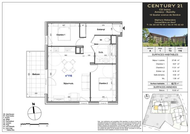 Appartement T3 &agrave; vendre - 3 pi&egrave;ces - 62,73 m2 - Faverges Seythenex - 74 - RHONE-ALPES