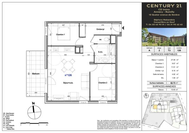 Appartement T3 &agrave; vendre - 3 pi&egrave;ces - 62,73 m2 - Faverges Seythenex - 74 - RHONE-ALPES