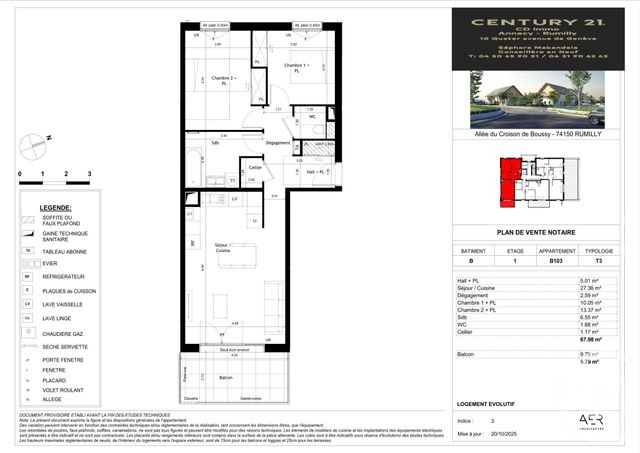 Appartement T3 &agrave; vendre - 3 pi&egrave;ces - 67,98 m2 - Rumilly - 74 - RHONE-ALPES