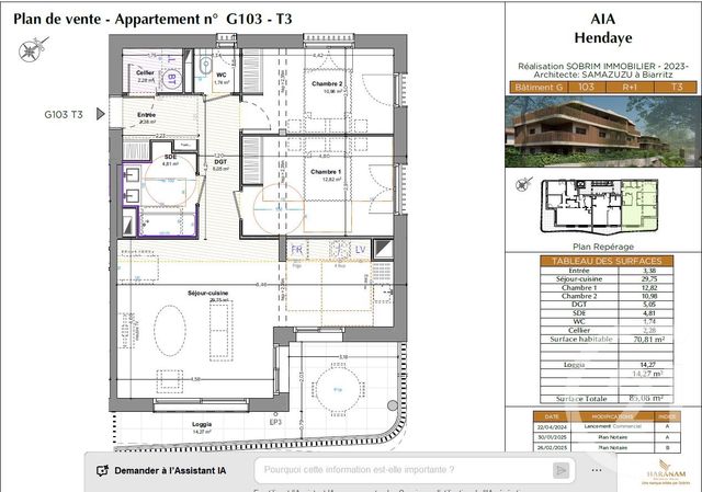 Appartement T3 &agrave; vendre - 3 pi&egrave;ces - 70,81 m2 - Hendaye - 64 - AQUITAINE