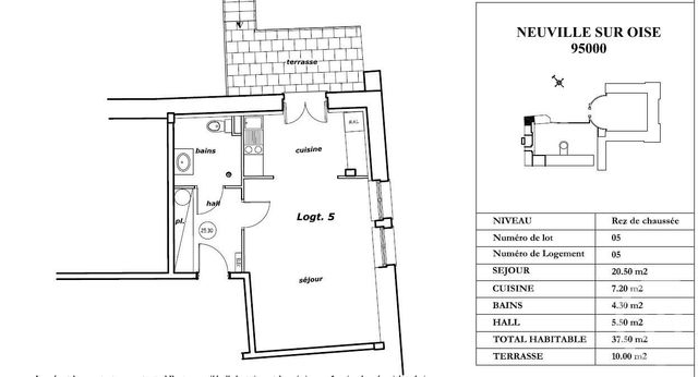 Appartement Studio à vendre - 1 pièce - 37,50 m2 - Neuville Sur Oise - 95 - ILE-DE-FRANCE