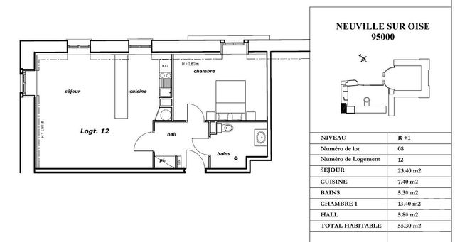 Appartement F2 à vendre - 2 pièces - 55,30 m2 - Neuville Sur Oise - 95 - ILE-DE-FRANCE