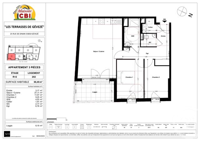 Appartement T3 à vendre - 3 pièces - 66,53 m2 - Geveze - 35 - BRETAGNE
