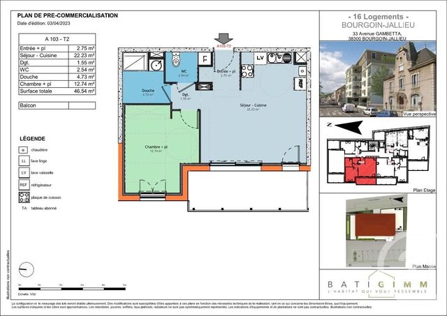 Appartement T2 à vendre - 2 pièces - 46,54 m2 - Bourgoin Jallieu - 38 - RHONE-ALPES