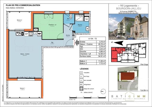 Appartement T2 à vendre - 2 pièces - 54,91 m2 - Bourgoin Jallieu - 38 - RHONE-ALPES