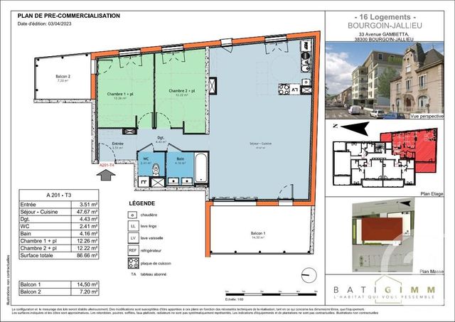 Appartement T4 à vendre - 4 pièces - 86,35 m2 - Bourgoin Jallieu - 38 - RHONE-ALPES