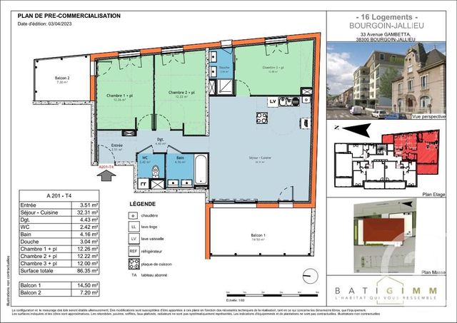 Appartement T4 à vendre - 4 pièces - 86,35 m2 - Bourgoin Jallieu - 38 - RHONE-ALPES