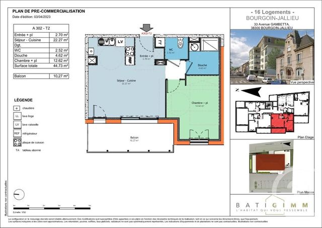 Appartement T2 à vendre - 2 pièces - 44,73 m2 - Bourgoin Jallieu - 38 - RHONE-ALPES