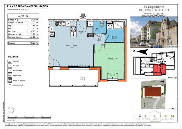 Appartement T2 &agrave; vendre - 2 pi&egrave;ces - 46,27 m2 - Bourgoin Jallieu - 38 - RHONE-ALPES