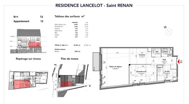 Appartement T2 à vendre - 2 pièces - 61,58 m2 - St Renan - 29 - BRETAGNE