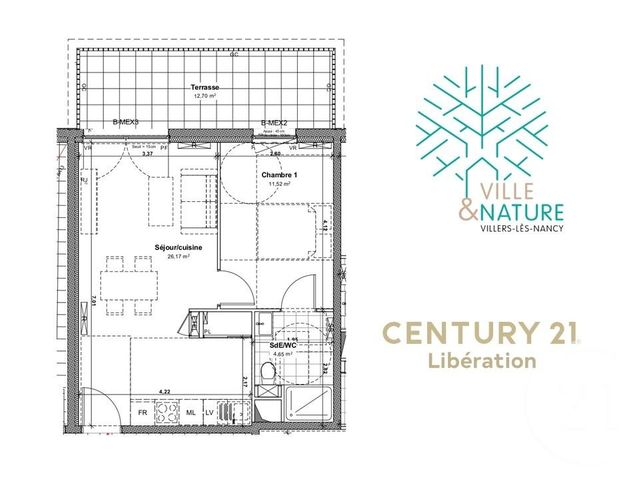 Appartement F2 à vendre - 2 pièces - 42,34 m2 - Villers Les Nancy - 54 - LORRAINE