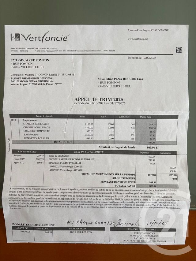Appartement F3 &agrave; vendre - 3 pi&egrave;ces - 57,39 m2 - Villiers Le Bel - 95 - ILE-DE-FRANCE