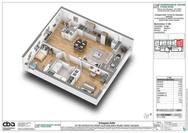 Appartement &agrave; louer - 3 pi&egrave;ces - 68,83 m2 - Mont St Aignan - 76 - HAUTE-NORMANDIE