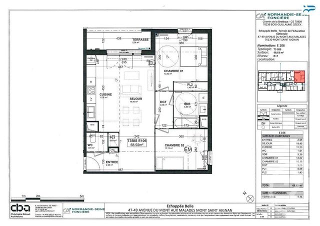 Appartement &agrave; louer - 3 pi&egrave;ces - 68,83 m2 - Mont St Aignan - 76 - HAUTE-NORMANDIE