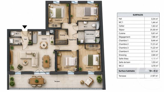 Appartement T5 &agrave; vendre - 5 pi&egrave;ces - 104,68 m2 - Chateaurenard - 13 - PROVENCE-ALPES-COTE-D-AZUR