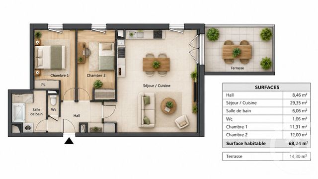 Appartement T3 &agrave; vendre - 3 pi&egrave;ces - 68,24 m2 - Chateaurenard - 13 - PROVENCE-ALPES-COTE-D-AZUR
