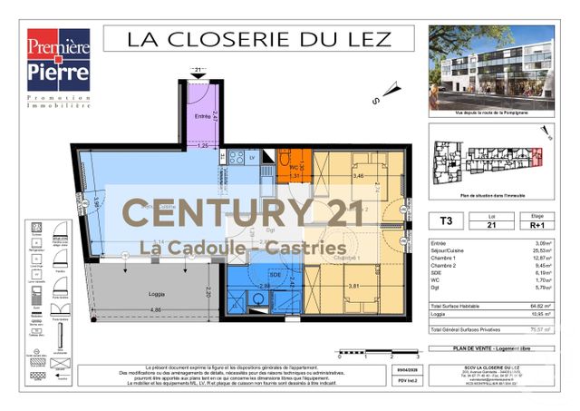 Appartement T3 &agrave; vendre - 3 pi&egrave;ces - 64,62 m2 - Castelnau Le Lez - 34 - LANGUEDOC-ROUSSILLON