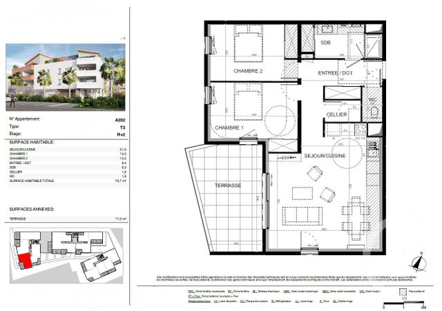 Appartement T3 &agrave; vendre - 3 pi&egrave;ces - 75,50 m2 - Baillargues - 34 - LANGUEDOC-ROUSSILLON