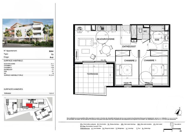 Appartement T3 &agrave; vendre - 3 pi&egrave;ces - 61,20 m2 - Baillargues - 34 - LANGUEDOC-ROUSSILLON