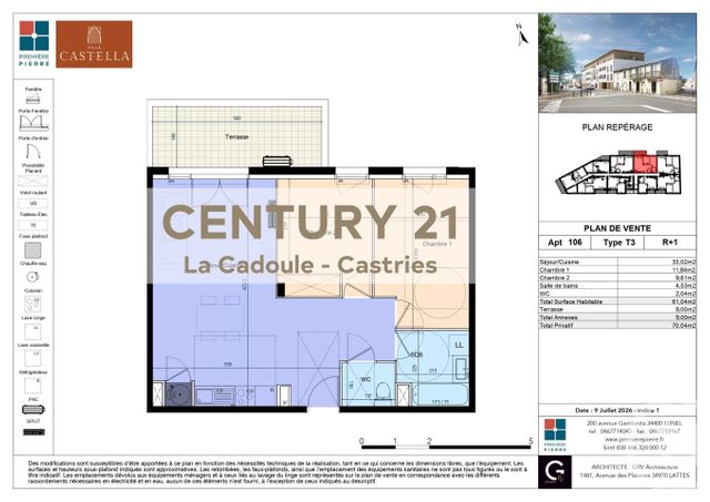 Appartement T3 &agrave; vendre - 3 pi&egrave;ces - 61,04 m2 - Lunel - 34 - LANGUEDOC-ROUSSILLON