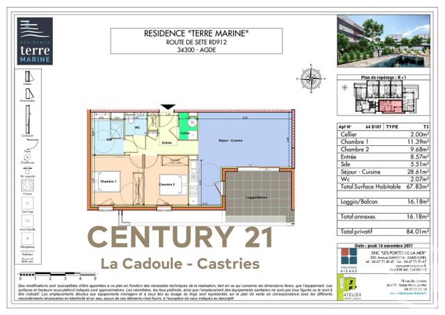 Appartement T3 &agrave; vendre - 3 pi&egrave;ces - 67,83 m2 - Agde - 34 - LANGUEDOC-ROUSSILLON