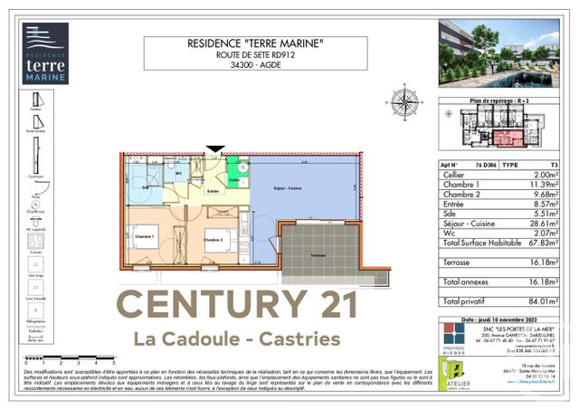 Appartement T3 &agrave; vendre - 3 pi&egrave;ces - 67,83 m2 - Agde - 34 - LANGUEDOC-ROUSSILLON