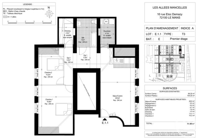 Appartement F3 &agrave; louer - 3 pi&egrave;ces - 82,07 m2 - Le Mans - 72 - PAYS-DE-LOIRE