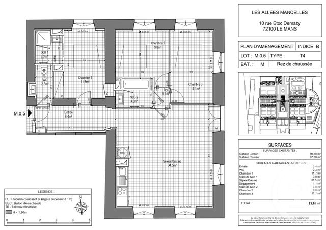 Appartement F4 &agrave; louer - 4 pi&egrave;ces - 82,65 m2 - Le Mans - 72 - PAYS-DE-LOIRE