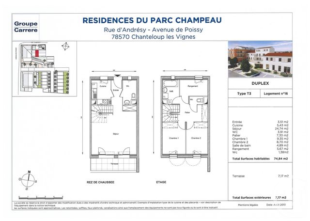 Appartement F3 &agrave; vendre - 3 pi&egrave;ces - 74,70 m2 - Chanteloup Les Vignes - 78 - ILE-DE-FRANCE