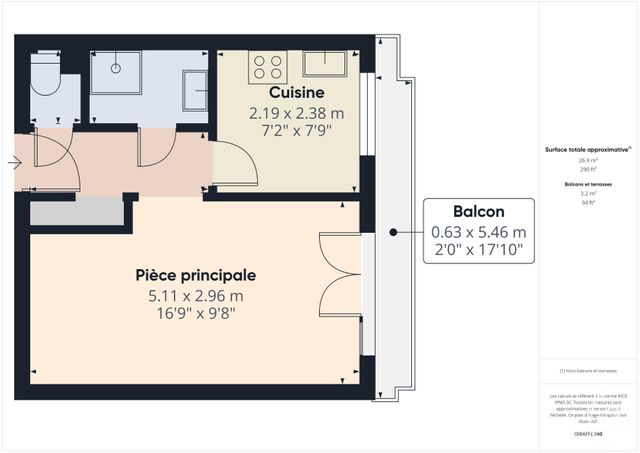 Appartement F1 à louer - 1 pièce - 26,25 m2 - Boulogne Billancourt - 92 - ILE-DE-FRANCE