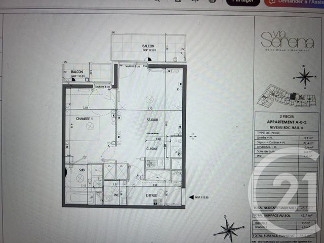 Appartement F2 &agrave; vendre - 2 pi&egrave;ces - 45,70 m2 - St Cloud - 92 - ILE-DE-FRANCE